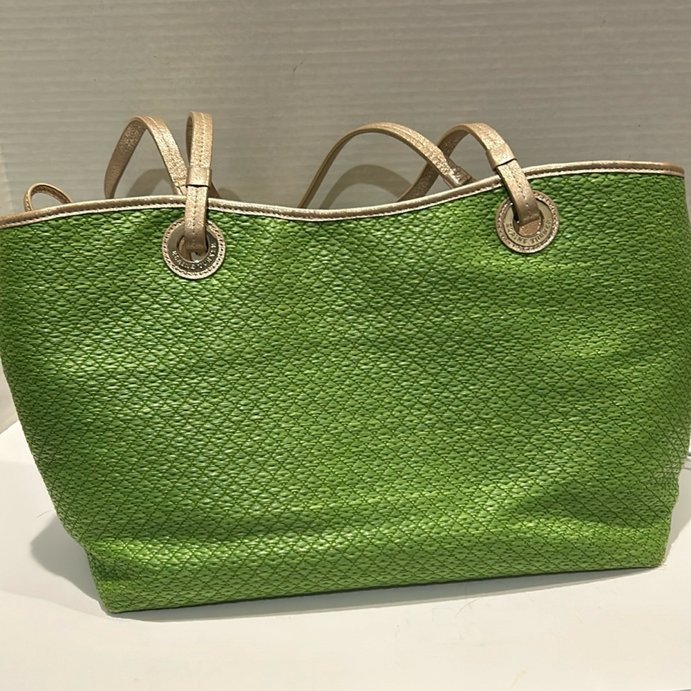 Elaine Turner Purse Bag Green Woven W/Gold Metallic Handles And Trim